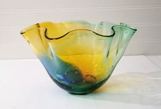 Adam Jablonski Art Glass Bowl Vase Controlled Bubbles Signed