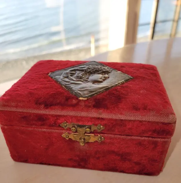 Antique Victorian Jewelry Trinket Red Velvet Box Blue Silk Divided Dresden 1800s