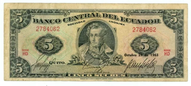 Ecuador … P-113b … 5 Sucres … Oct-29-1963 … Choice *F-VF* …  Serie “HD”.