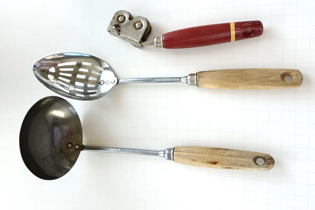 EKCO Lot: Eterna Slotted Spoon + Ladle + Knife Sharpener A&J Wood Handle Vintage