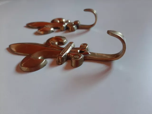Vintage pair of 2 French brass wall coat hat hook Fleur de lys bronze gold color 14
