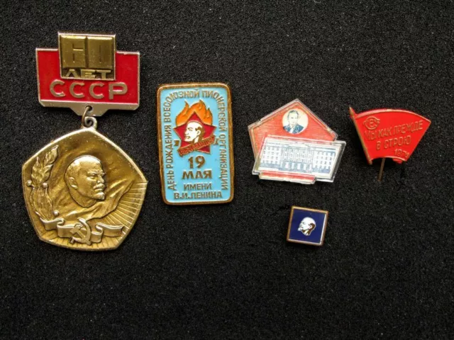USSR Soviet Russian 5 Pin Badges USSR Propaganda Set LENIN Revolution Leader