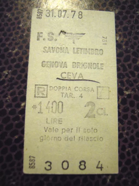 Biglietto Del Treno Cartonato Savona Letimbro Genova Brignole 1978  4-232/10