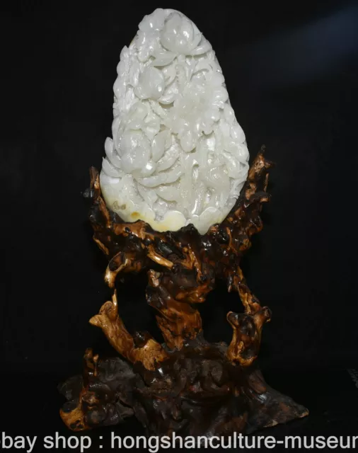 19.6" Old Chinese Natural Hetian Jade Carving Peony Flower Bird Wood Base Statue