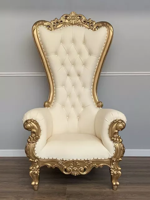 Throne Chair   Lazarus   - Wedding Chair - Gold Leaf and White Faux Leather