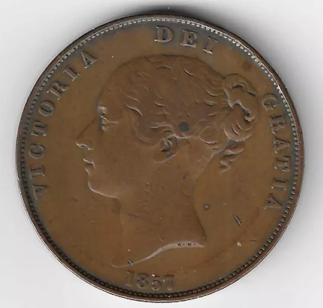 Queen Victoria Young Head 1857 OT Coinage Penny 1d British Coin