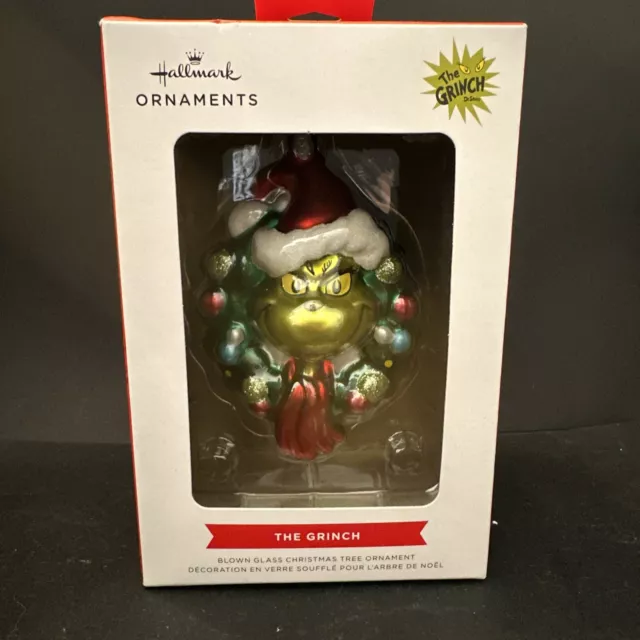 Hallmark GRINCH WREATH Santa Hat BLOWN GLASS Christmas Ornament New Dr. Seuss