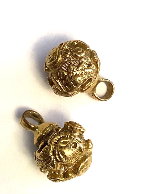 2 Antique Qing 19th Century Chinese Gold Gilt Brass Robe Buttons HAND CARVED