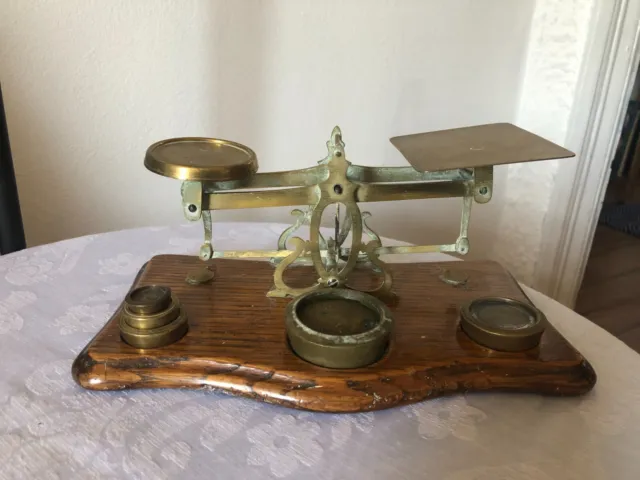 Vintage Oak & Brass Postal Letter Parcel Scales Post Office and Weights