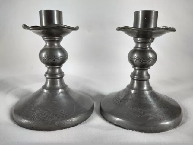 Vintage Chinese Huikee Pair Of Pewter Stick Candle Holders W/Etched Dragon CF