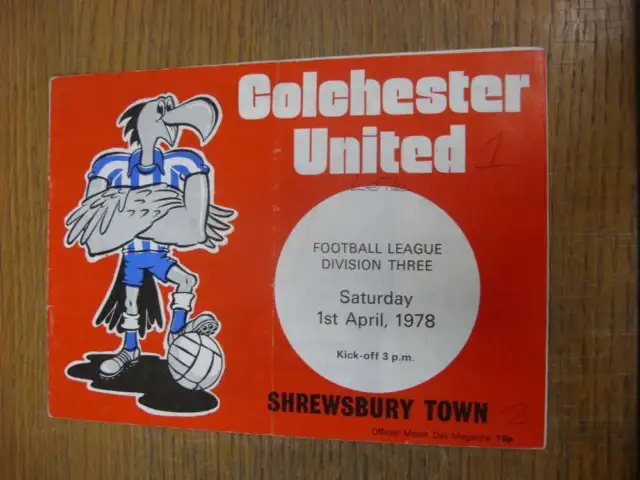 01/04/1978 Colchester United v Shrewsbury Town  (folded, writing on front, team