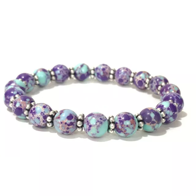 Natural Purple Copper Turquoise Gemstone Round Bead Chakra Stretch Bracelet 7.5"