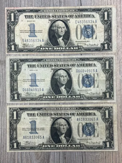 1934 $1 Silver Certificate Fr 1606, Excellent Lot of 3 Funny Back Notes