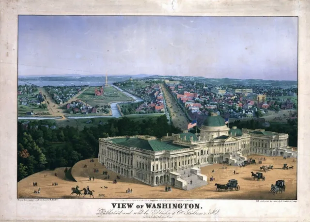 1852 WASHINGTON DC antique map GENEALOGY atlas poster panoramic view CAPITAL 2