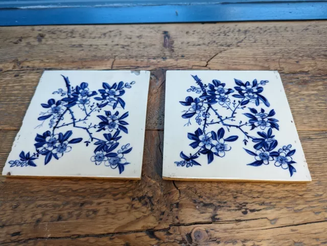 2 x 19th C blue and white Copeland tiles, hawthorn image, antique VGC for age