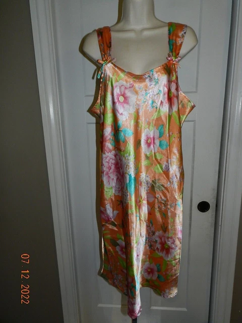 VTG PInk K Kmart Polyester Satin Night Gown XL Orange floral second skin satin