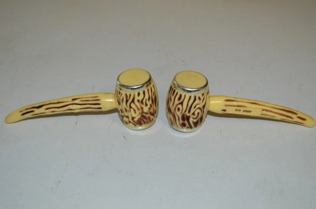 Vintage Salt Pepper Set Souvenir Pipe NEW JERSEY Faux Carved Corn Cob Gold Trim