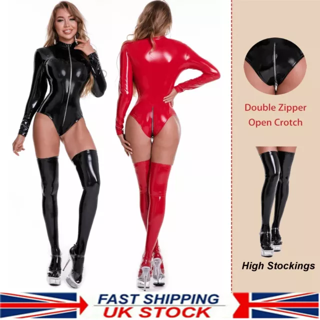 WOMENS SHINY PVC Leather Bodysuit Catsuit Latex Tights Zipper Jumpsuit  Clubwear £32.39 - PicClick UK