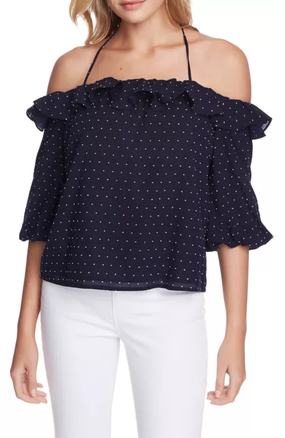 MSRP $89 Women's 1.state Ruffle Halter Neck Clip Dot Top Blue Size XS