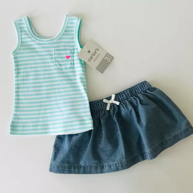 Carters 3 Months Chambray Skort & Mint Tank Top Set Baby Girl Clothes Cotton