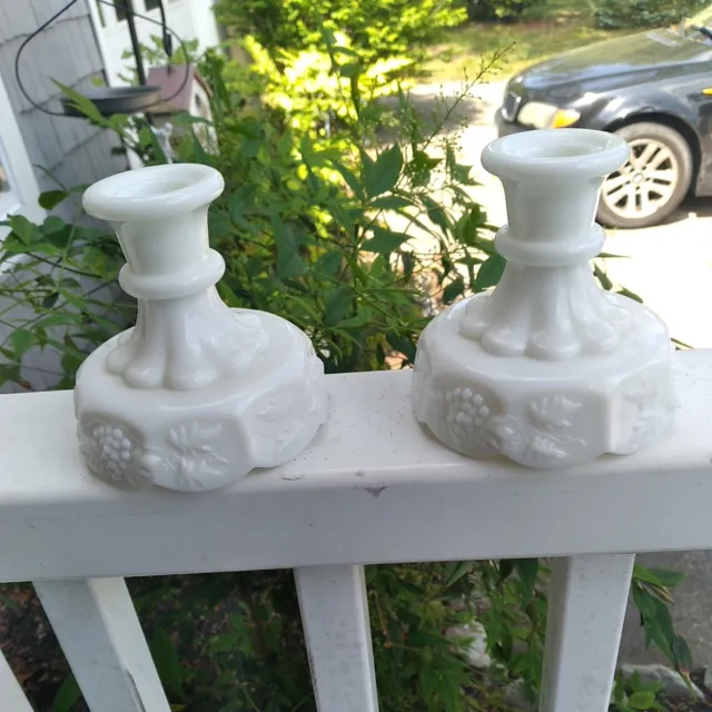 Vintage WESTMORELAND GLASS Pair Paneled Grape White Milk Glass 4" Candle Holders