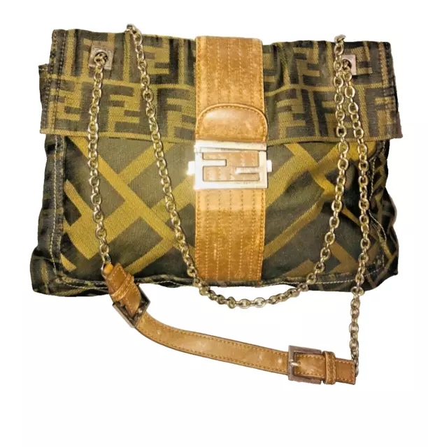 FENDI TOBACCO ZUCCA Canvas and Leather Maxi Baguette Flap Shoulder