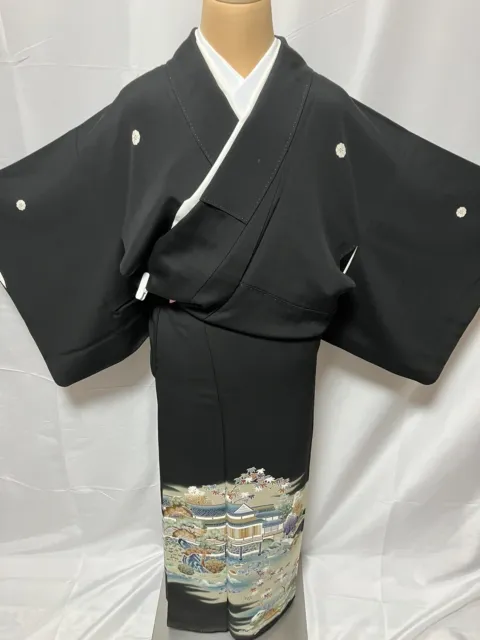 K013 Japanese Vintage Kimono Tomesode/Family crest/Building Garden/Height 153cm