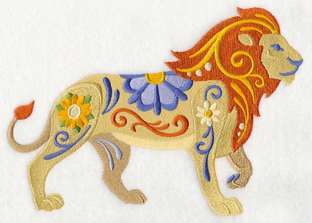 Embroidered Short-Sleeved T-Shirt - Flower Power Lion L5978 Sizes S - XXL