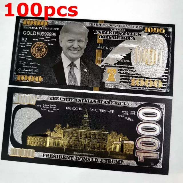 100pc Black Silver Foil Banknote President Donald Trump $1000 Dollar Bill Gift