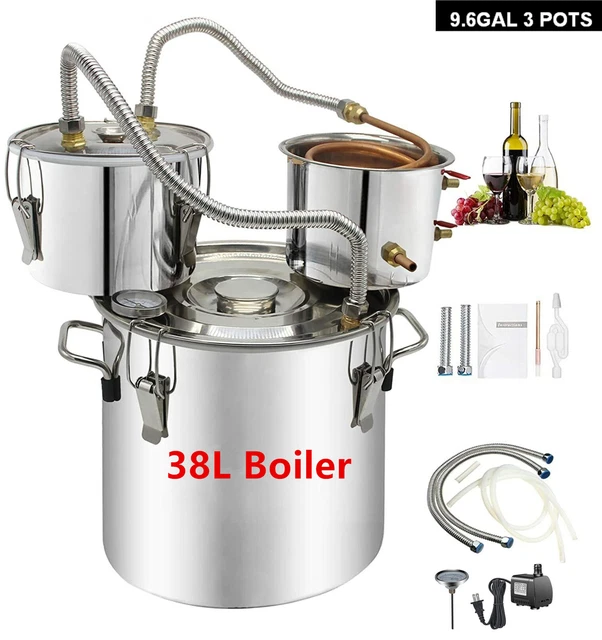 3 Pots 9.6 Gal Wine Alcohol Distiller Water Distilling Equipment Kit 38L Boiler