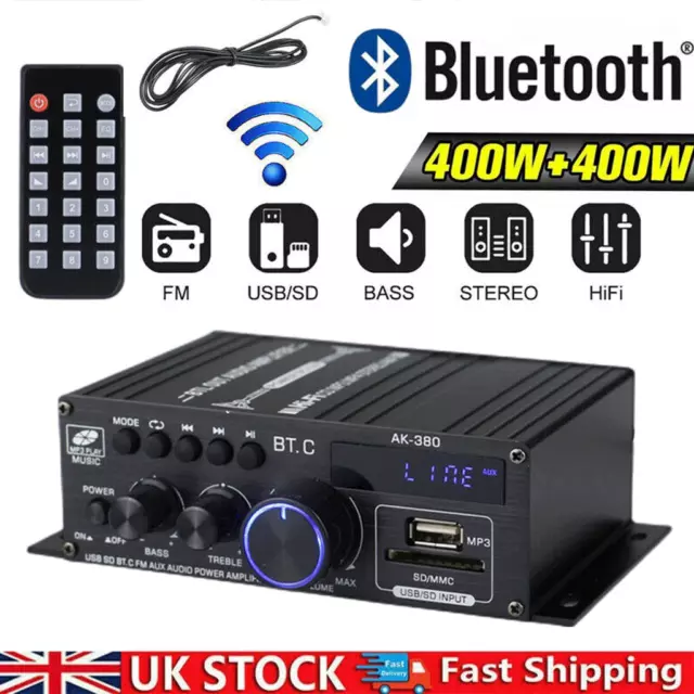 400W Bluetooth 5.0 HiFi Power Amplifier Audio Digital Stereo FM AMP With Remote