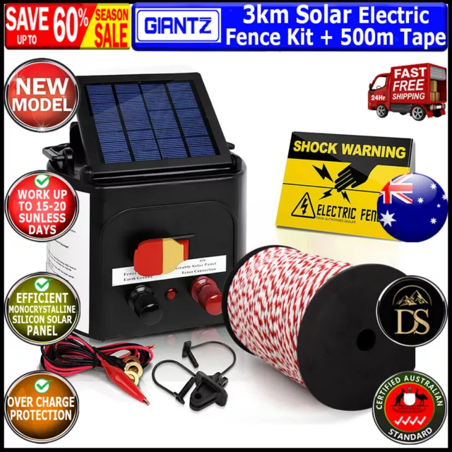 Giantz Electric Fence Energiser 3km Solar Powered Energizer Charger + 500m Tape