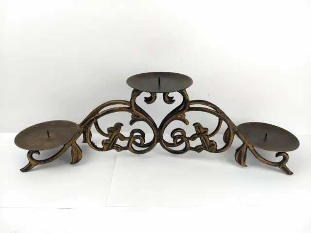 Centerpiece Candle Holder Iron Metal Bronze Color Scroll Design Spoked Holds 3