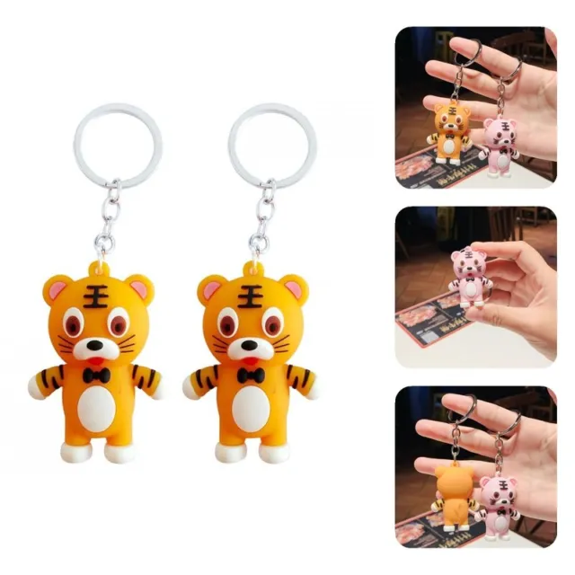 2Pcs Key Ring Long-lasting Lovely Cute Cartoon Animal Tiger Keychain Metal Ring