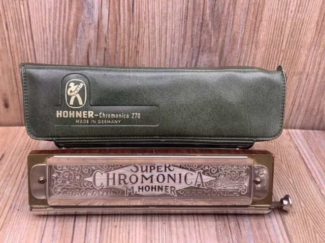 Vintage M.Hohner Super Chromonica 270 Harmonica With Original Green Case.