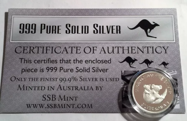 Koala 1/10th Oz 999.0 Pure Solid Silver Coin, 14 to Collect with C.O.A. Invest