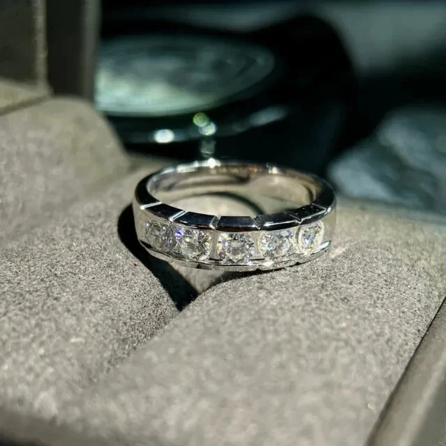 2 Ct Round Real Moissanite Wedding Men's Band Ring 14K White Gold Plated
