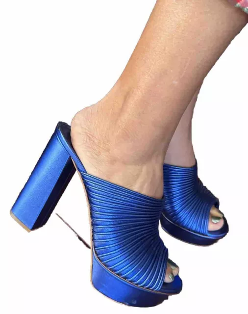 CASADEI Blue Leather Piping Detail Open Toe Platform Slide Mules Size 9.5 3