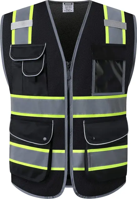 9 Pockets Safety Vest Zipper Front with Hi-Vis Reflective Strips Mee...