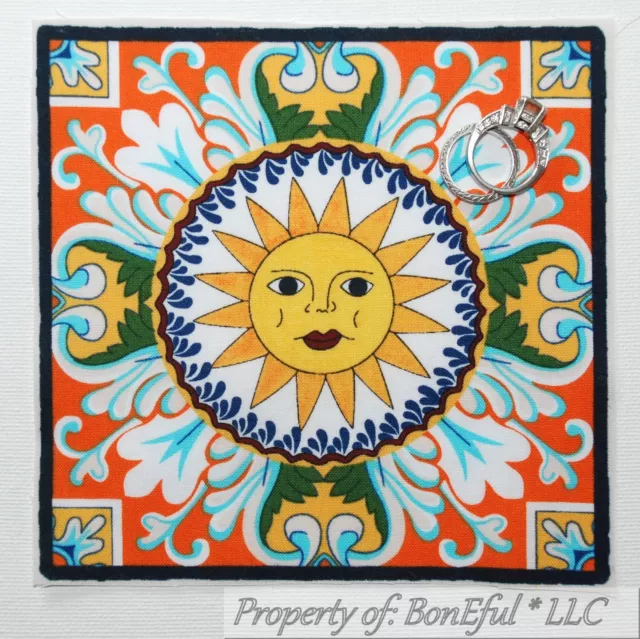 BonEful Fabric FQ Cotton Quilt Block 5.75" Sun Flower Yellow Celestial Folk ART