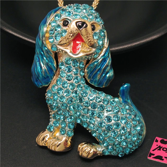 New Fashion Women Cute Bling Blue Dog Puppy Crystal Pendant Chain Necklace