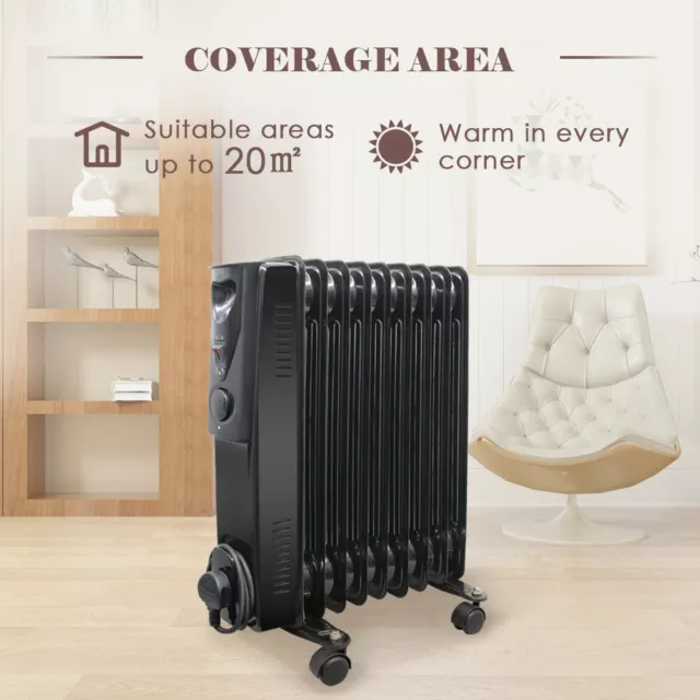 9 Fin 2000W Electric Oil Filled Radiator Portable Heater with Thermostat Black