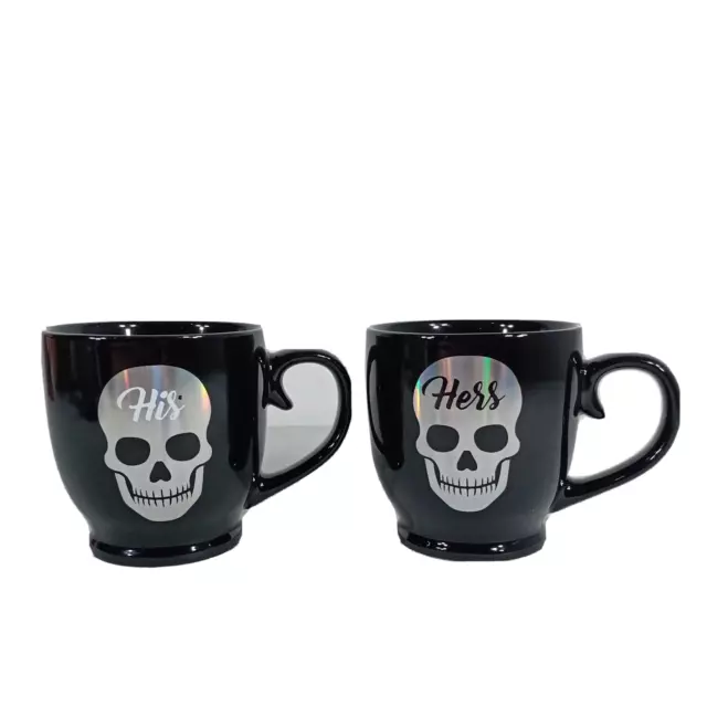 Coffee Mugs Black Gothic Metal Rock and Roll Skulls His & Hers 16oz. Set Of 2