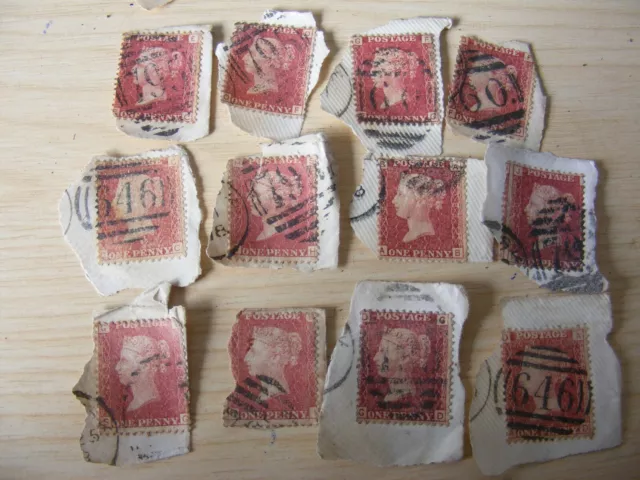 Victorian Penny Red Stamps. x12. They are on their envelope base. Ref 3