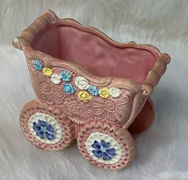 Napco Vintage Collectible Baby Buggy Planter Pink Floral Japan
