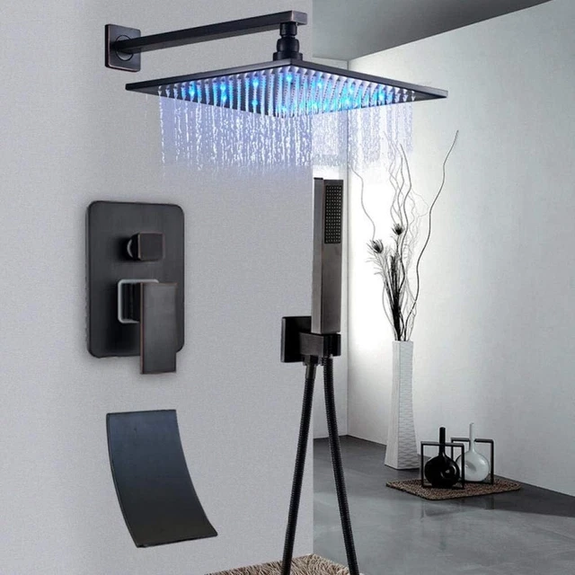 Bathroom 12" LED Rainfall Shower Head Shower Faucet Tub Spout W/Hand Shower