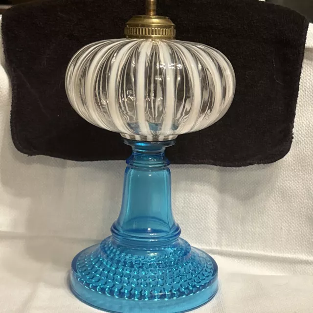 JENSEN Opalescent Stripe Mellon Oil Lamp 9.5 Inches Tall Antique Blue Glass Base