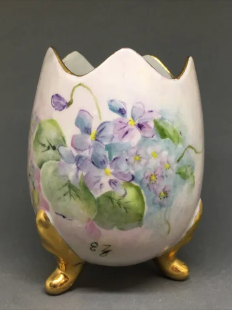 Vintage Handpainted Porcelain 3 Footed Egg Vase  Blue /Purple Flowers Signed