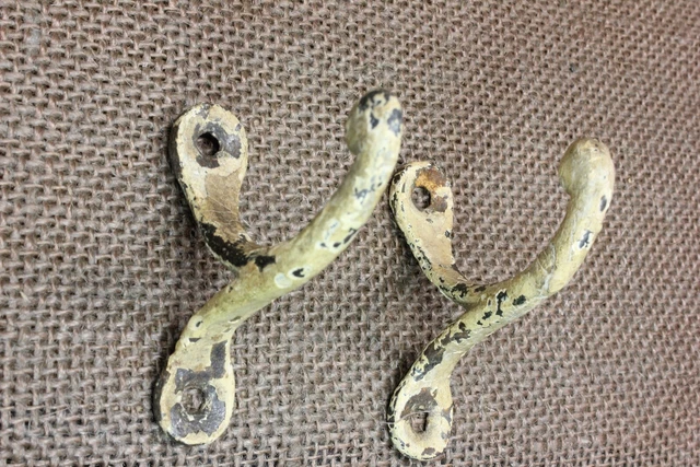 2 Old Single Coat Hooks Farm School House Wardrobe Cast Iron Vintage 1850’s 2” 3
