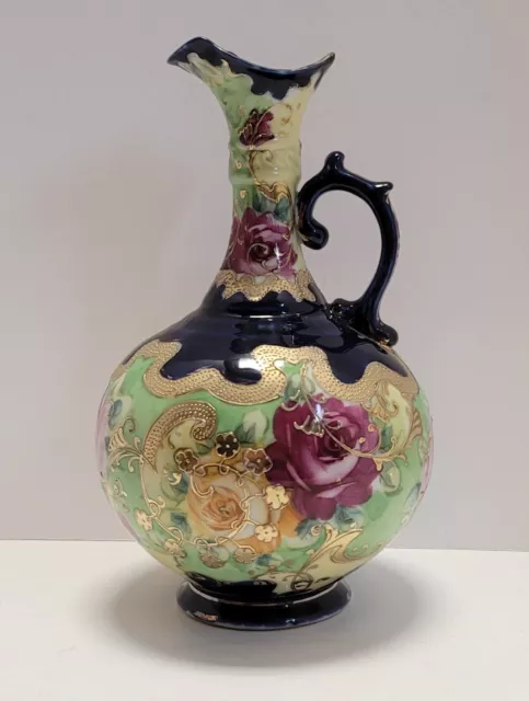 Antique Hand Painted Nippon Cobalt, Roses & Heavy Gold Moriage Pitcher Ewer 9.5"